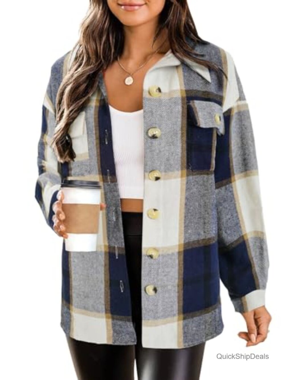 Women Plaid Flannel Shacket Jacket Casual Button Down Long Sleeve
